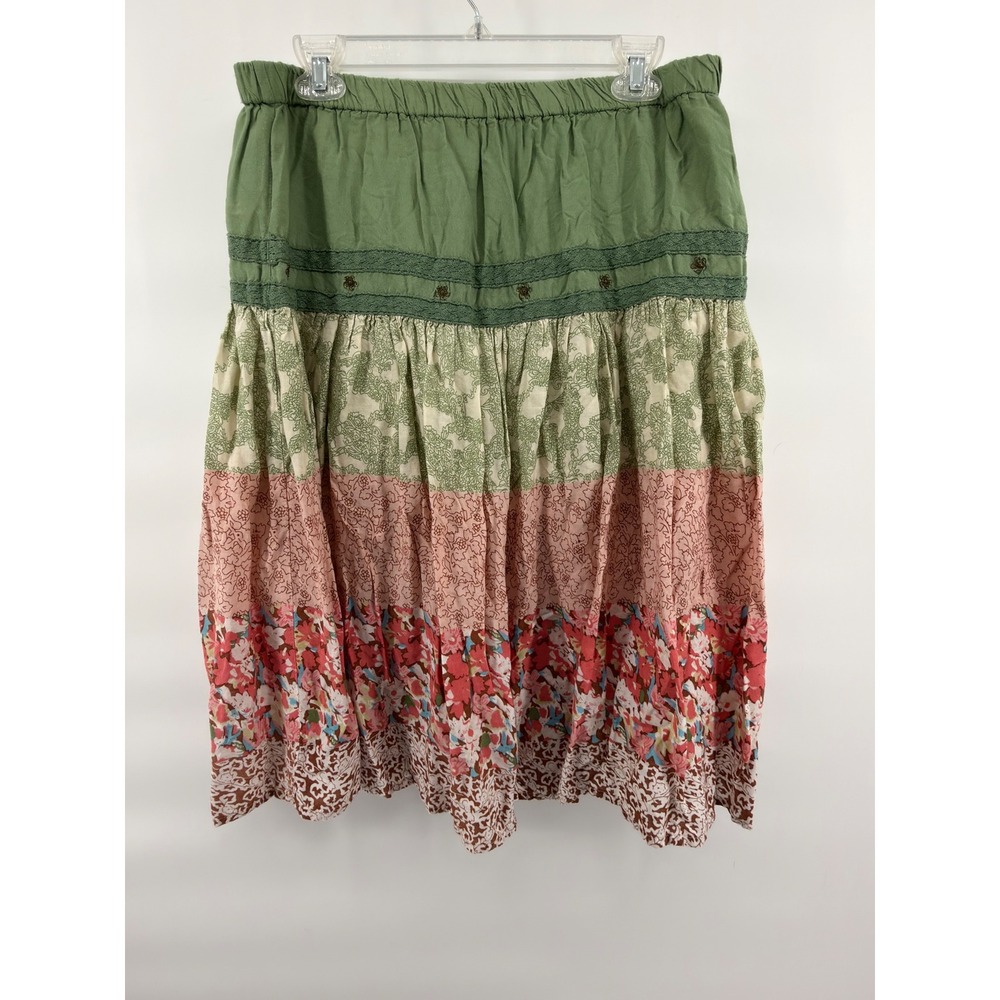 Overdrive Vintage Boho Floral Tiered Midi Skirt Rayon Cotton Lined Green Large